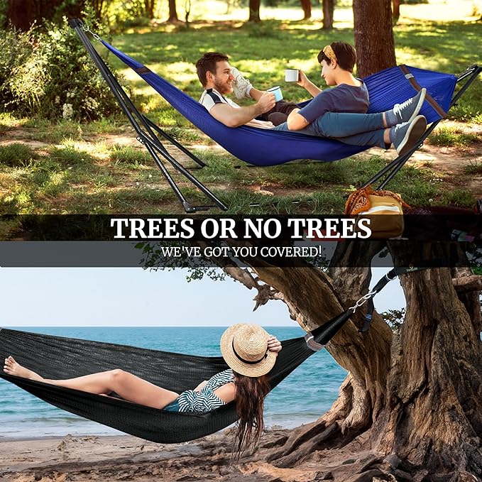 Tranquillo Combo x2 Hammocks with Stand for Outside & Tree Straps, Heavy Duty Hammock with Stand 600lbs for Indoor Outdoor Patio Backyard, x2 Hammocks for 2 Person, Portable Carrying Bags, Blue