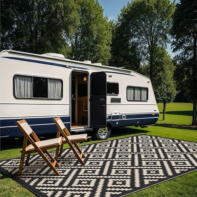 GENIMO Outdoor Rug for Patio Clearance, 9'x18' Waterproof Camping Mat, Reversible Plastic Straw Rugs for RV, Camper, Balcony, Backyard, Picnic, Deck (Black & Beige)