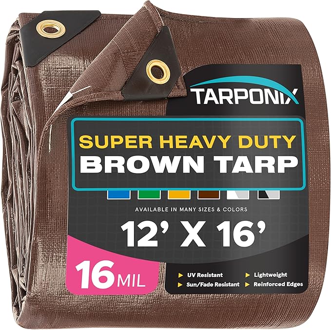 Super Heavy-Duty Brown Tarp 12' x 16' – 16 Mil Thick, All-Weather Waterproof Cover with Reinforced Edges and Sturdy Grommets