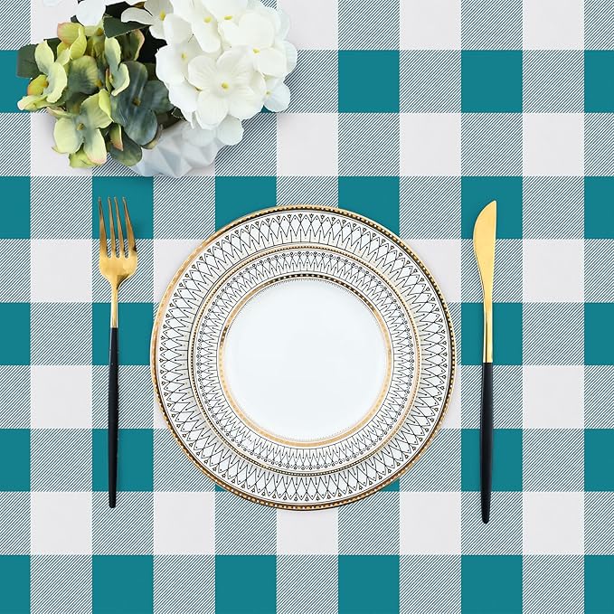 misaya Rectangle Waterproof Vinyl Table Cloth, Buffalo Flannel Backed Tablecloth, Wipeable Plastic Table Cover for Dinner, Kitchen, Outdoor (60" x 84", Turquoise and White)