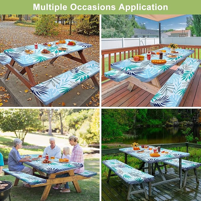 Picnic Table Cover with Bench Covers Camping Essentials Waterproof Windproof Camping Tablecloth with Drawstring Bag, Fitted Rectangle Tables and Seats, 72in, Light Green Blue