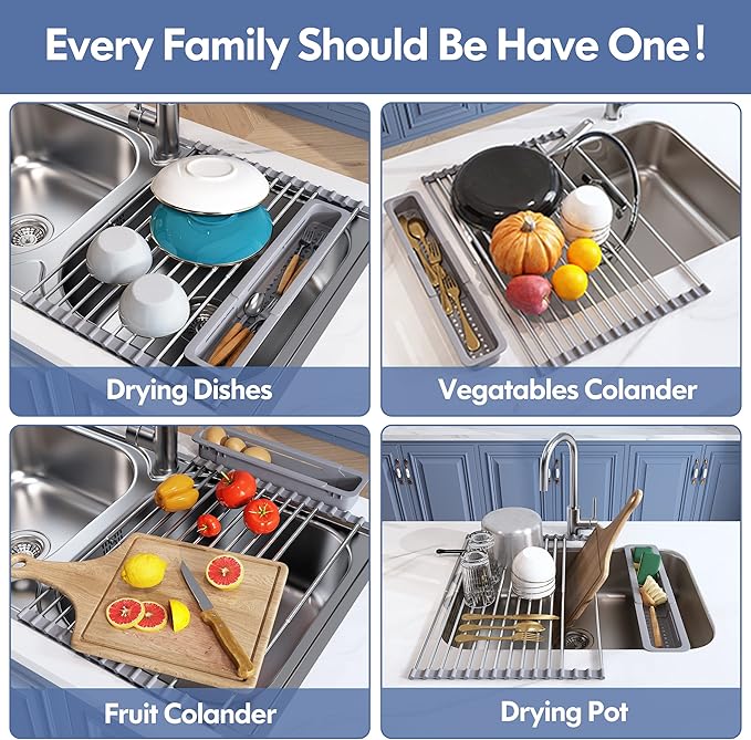 Over The Sink Dish Drying Rack for Kitchen, Expandable (12.8"-23.8" D x 15.5" W) Roll Up Dish Drainer with The Function of Fordable, Rust Proof, Large Sink Cover with Removable Utensil Holder