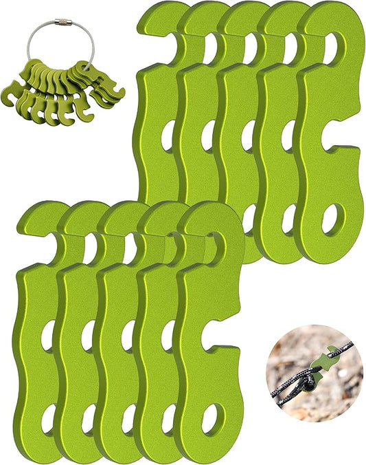 Rope Tensioner Aluminum Alloy Camping Tent Guyline Cord Adjuster Camping of Gear for Camping, Hiking, Backpacking Ultralight Tent Stakes Guy Lines (Green, 10 Pack)