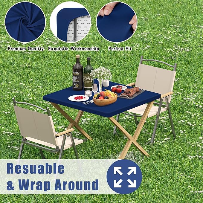Spandex Picnic Table Cloth 2 Pack, Elastic Fitted Tablecloths for Square Tables, Stretch Washable Patio Table Cover for Outdoor, Camping, Banquet and Parties (Navy, 34"x34")
