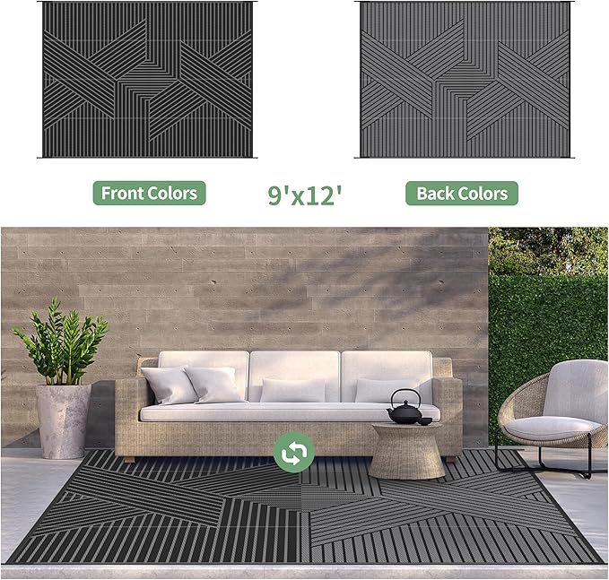 GENIMO Outdoor Rug for Patio Clearance,9'x12' Waterproof Large Mat,Reversible Plastic Camping Rugs,Rv,Porch,Deck,Camper,Balcony,Backyard,Black & Gray