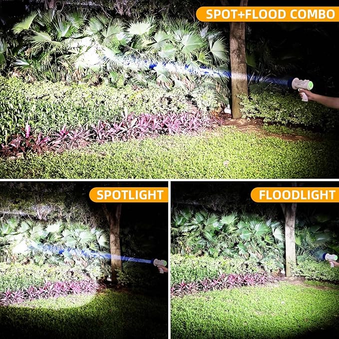 YIERBLUE Rechargeable Spotlight Floodlight Combo High High Lumen LED, IP67 Waterproof Spot Light COB Flood Light, Impact Resistant Handheld Spotlight with Foldable Stand and Red Len