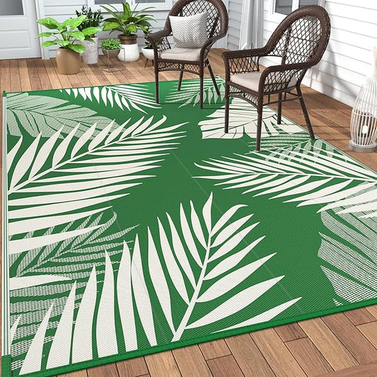 GENIMO Outdoor Rug 9' x 12' Waterproof for Patios Clearance, Reversible Outdoor Plastic Straw Camping Rug Carpet, Large Area Rugs Mats for RV, Picnic, Backyard, Deck, Balcony, Porch, Dark Green&White
