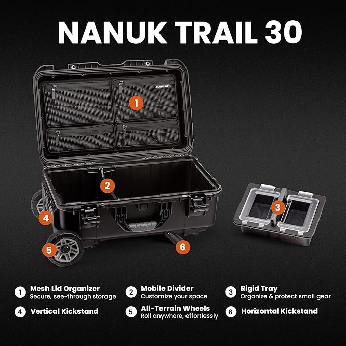 NANUK Trail 30 – 28.5L (7.5-Gallon) Waterproof Storage Box – Wheeled and Modular Cargo Case for Camping, Fishing, Hunting & Outdoor Storage - Dustproof and Impact Resistant (22" x 14" x 9") – Black