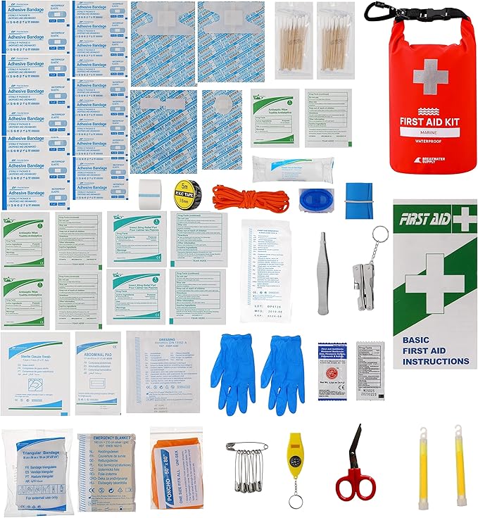 Breakwater Supply™ Waterproof First Aid Kit Dry Bag Bug Out Bag Preloaded with Emergency Survival Prepper Supplies for Boating, Camping, Fishing + Carabiner, Floating, Reflective, AFAK/IFAK Trauma Kit