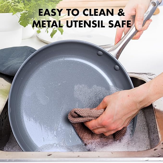 GreenPan Lima Hard Anodized 10" Frying Pan Skillet, Wood Spatula, Ceramic Nonstick, PFAS-Free Nontoxic Pots and Pans, Oven & Broiler Safe, Stainless Steel Handle, Cookware for Eggs & Omelet, Gray