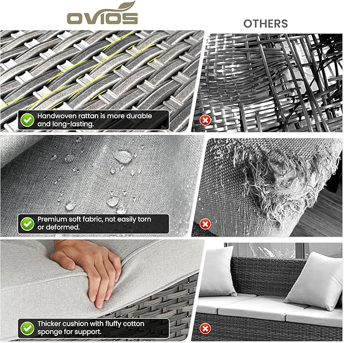 ovios 8 Pieces Patio Furniture Set, Outdoor Wicker Sofas with 2 Chairs, 4 Ottomans and Comfy Cushions, All Weather High Back Couch Set for Deck Porch, Grey Rattan, Grey