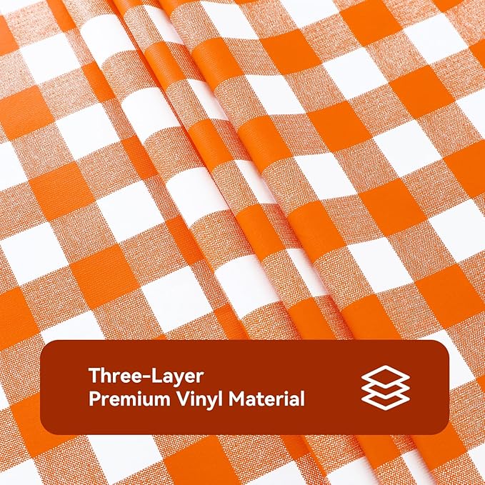 Romanstile Rectangle Vinyl PVC Tablecloth, 100% Waterproof Buffalo Plaid Plastic Table Cloth, Oil Proof Heavy Duty Wipeable Table Covers for Dining/Camping/Picnic/Outdoor - 54 x 120, Orange and White