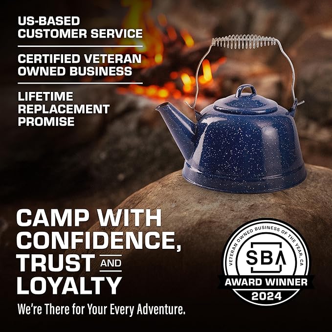 COLETTI Classic Camping Tea Kettle Stovetop — Travel Kettle, Camp Tea Pot for Stove — Chipping-Resistant German-Imported Enamel Coating [Blue Enamel, 9 Cups]