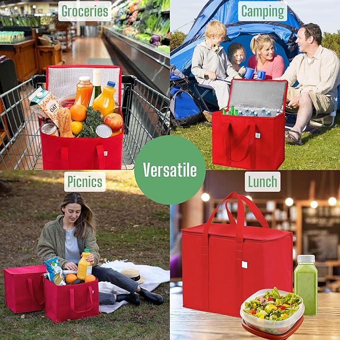 VENO 2 Pack Cooler Bag and Insulated Grocery Bags for Food Delivery, Collapsible Cooler, Reusable Shopping Bags for Groceries with Zipper, Foldable, Heavy-Duty, Stands Upright (Red, 2 Pack)