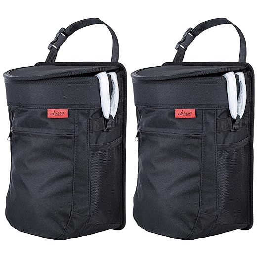Lusso Gear Spill-Proof Car Trash Can (2.5 Gal, 2 Pack) - Easy to Clean Hanging Garbage Bin - Leak-Proof Lid, Removable Liner, Waterproof - Keeps Truck, SUV, Car, Minivan Clean & Odor Free (Black)