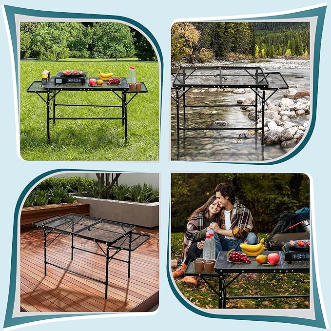 Portable Folding Camping Table with Mesh Side Shelves, Easy for Storage, Compact and Portable Picnic Table for Grill, Outdoor Camping, Black