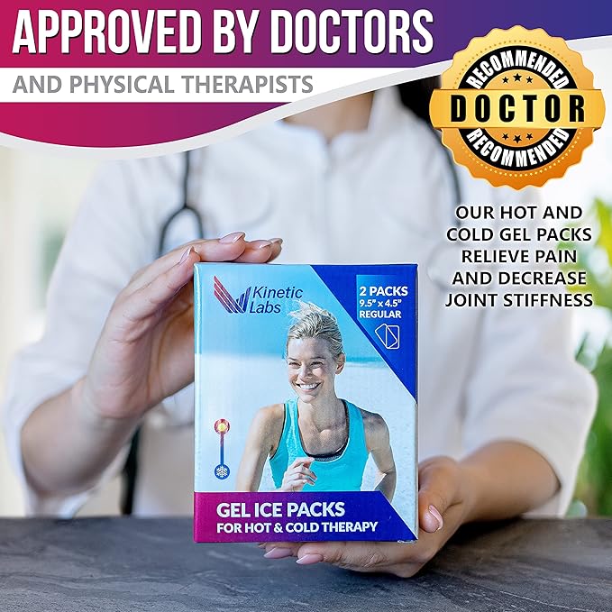 Gel Ice Packs for Injuries Reusable (2 Pack) 9.5" x 4.5" – Gel Cold Packs by Kinetic Labs – Flexible & Soft Packs for Knee, Shoulder, Back (Regular)