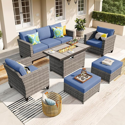 ovios 6 Pieces Patio Furniture Set with 42" Fire Pit Table, Outdoor Wicker Sofa with Comfy Cushions, All Weather High Back Rattan Couch Conversation Set, Denim Blue