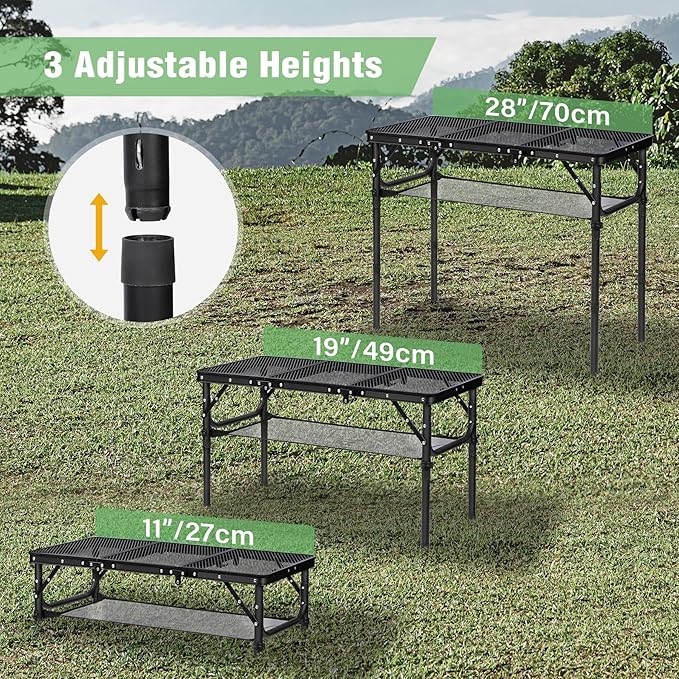 RedSwing Tri-fold Folding Picnic Table, Lightweight Height Adjustable Aluminum Frame Table with Mesh Layer for Outdoor Camping Picnic BBQ, Black