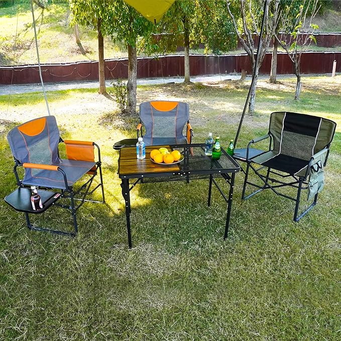 Wide Folding Director Chair with Table, Outdoor Camping Chair for Adults with Cup Holder Load 330 Lbs, Portable Lightweight Chair for Outside with Carry Bag for Patio, Green-2Pack