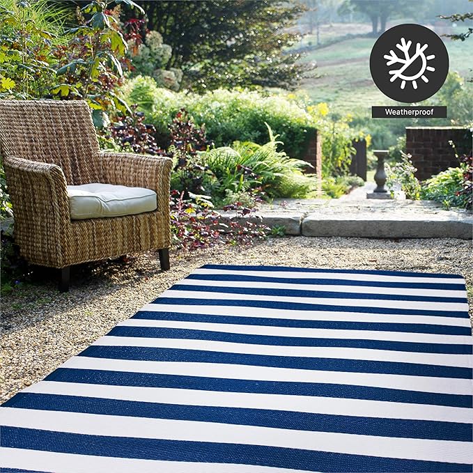 FH Home Outdoor Rug - Waterproof, Fade Resistant, Reversible - Premium Recycled Plastic - Striped - Porch, Deck, Balcony, Mudroom, Laundry Room, Patio - Brittany - Blue & White Crease Free - 3 x 5 ft