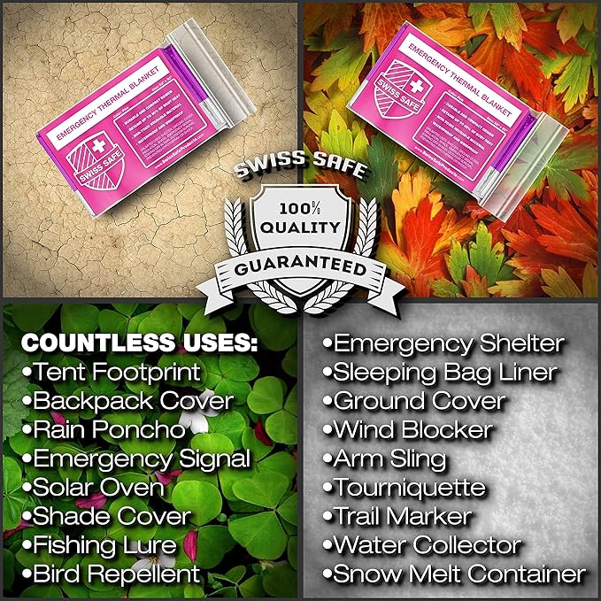 Swiss Safe 4 Pack Mylar Emergency Blankets for Survival - Compact & Insulated for Cold Weather - Designed for NASA, Outdoor, Running, Camping, Survival, First Aid Car Kit - Pink, 4 Pack