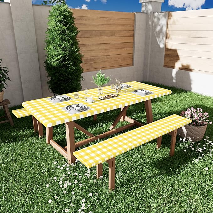 Smiry Picnic Table Cover with Bench Covers, Waterproof Elastic Fitted Tablecloths for 8 Foot Rectangle Tables, Washable Buffalo Plaid Tablecloth for Camping, Outdoor (Yellow & White, 30"x96")
