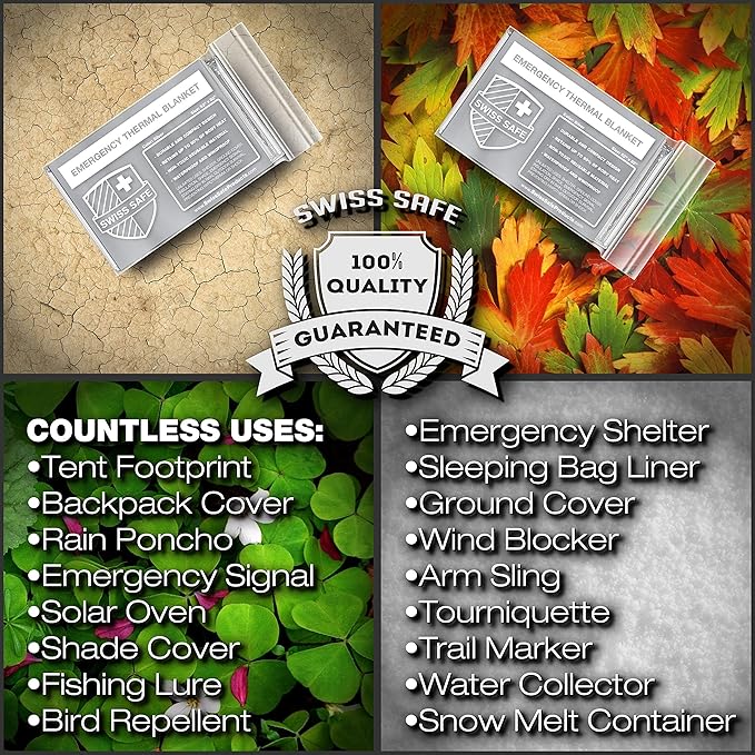 Swiss Safe 10 Pack Mylar Emergency Blankets for Survival - Compact & Insulated for Cold Weather - Designed for NASA, Outdoor, Running, Camping, Survival, First Aid Car Kit - Silver, 10 Pack