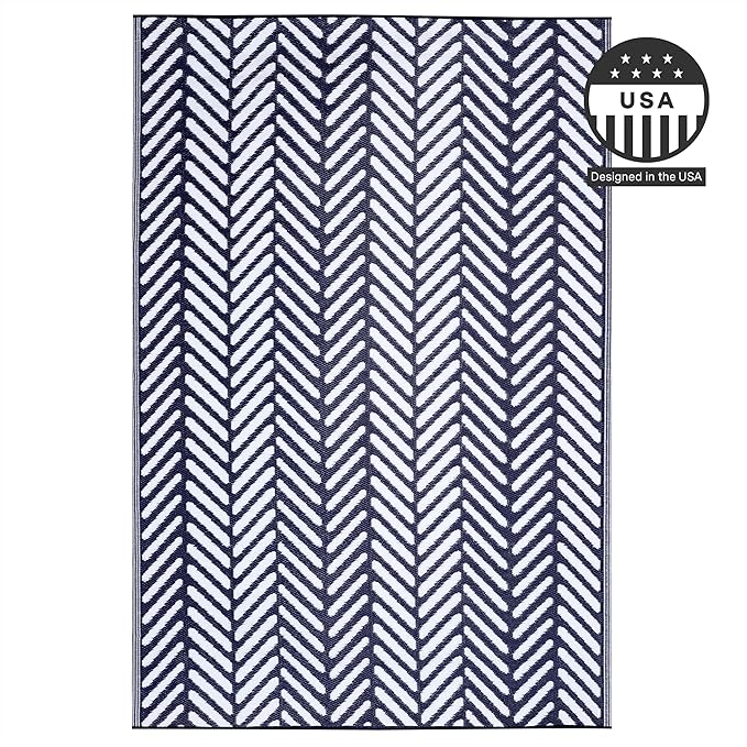 FH Home Outdoor Rug - Waterproof, Fade Resistant, Reversible - Premium Recycled Plastic - Herringbone - Patio, Porch, Deck, Balcony - Fresno - Navy Crease Free - 5 x 8 ft