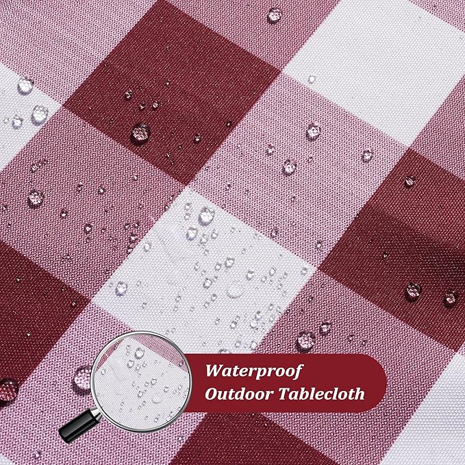 SquarePie Buffalo Checked Outdoor Tablecloth Round 52 Inch Waterproof Zippered Table Cloth Cover for for Patio Picnic Garden Party, Burgundy Red Checkered