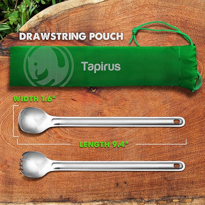 Tapirus - Long Spork and Long Spoon Set - 9.4-inch Long Deep Reach Stainless Steel Eating Utensils for MRE Bag - Keep Hands Clean and Away from Heat - Carry Bag Ideal for Hiking, Camping, Backpacking