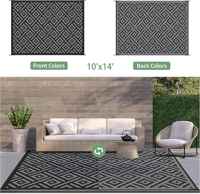 GENIMO Outdoor Rug for Patio Clearance,10x14 Waterproof Large Mat,Reversible Plastic Camping Rugs,Rv,Porch,Deck,Camper,Balcony,Backyard (Black & Grey)
