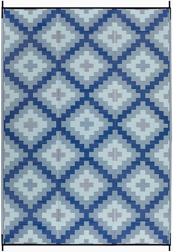 FH Home Outdoor Camping Rug - Waterproof, Fade Resistant, Reversible - Premium Recycled Plastic - Geometric - Large Patio, Deck, Sunroom, RV - Aztec Kilim - Blue Multi - 9 x 12 ft Foldable