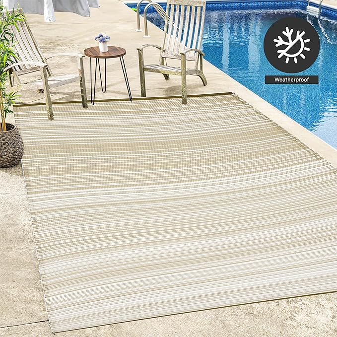 FH Home Outdoor Rug - Waterproof, Fade Resistant, Reversible - Premium Recycled Plastic - Striped - Patio, Deck, Porch, Balcony - Havana - Beige Crease Free - 5 x 8 ft