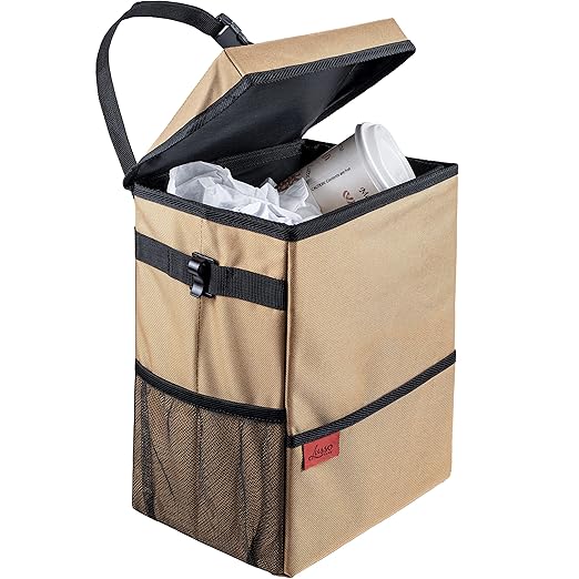 Lusso Gear Spill-Proof Car Trash Can (3.5 Gallon) - Easy to Clean Hanging Garbage Bin - Leak-Proof Lid, Removable Liner, Waterproof - Keeps Truck, SUV, Car, Minivan Clean & Odor Free (Tan)
