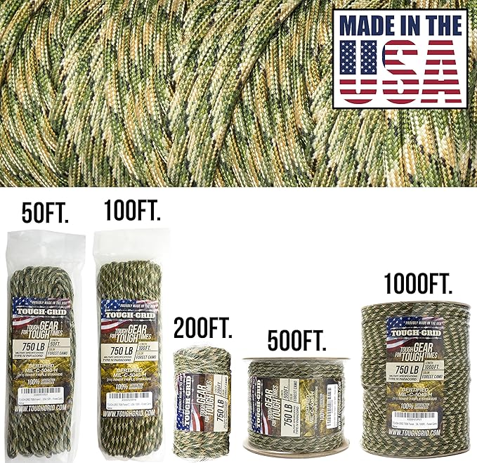 TOUGH-GRID Paracord Rope 750 lbs Nylon Parachute Cord, Made in USA Survival Kit, Outdoor Adventures, Camping, Tactical Gear & Emergency Supplies, Military Type IV Mil-Spec