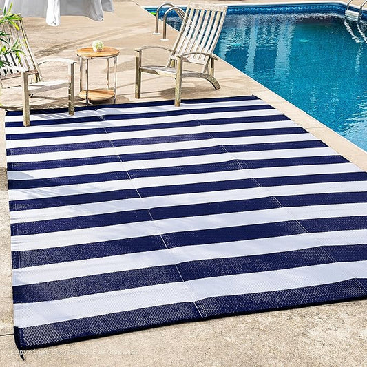 FH Home Outdoor Rug - Waterproof, Fade Resistant, Reversible - Premium Recycled Plastic - Striped - Patio, Deck, Porch, Balcony, Laundry Room - Brittany Stripe - Blue & White Crease Free - 4 x 6 ft