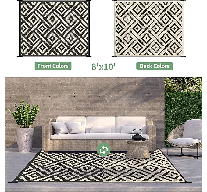 GENIMO Outdoor Rugs 8x10 Waterproof, Reversible Mats, Area Plastic Straw Rug, Outside Carpet, Geometric Rv Mat for Patio Camping Rv Picnic Backyard Deck Balcony Porch Beach Trailer (Black & Beige)