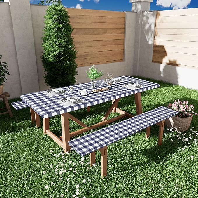 Smiry Picnic Table Cover with Bench Covers, Waterproof Elastic Fitted Tablecloths for 6 Foot Rectangle Tables, Washable Buffalo Plaid Tablecloth for Camping, Outdoor (Navy & White, 30"x72")