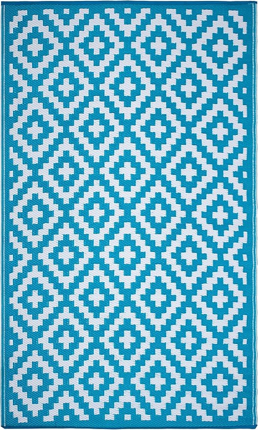 FH Home Outdoor Rug - Waterproof, Fade Resistant, Reversible - Premium Recycled Plastic - Geometric - Large Patio, Deck, Sunroom, Camping, RV - Aztec - Teal & White Crease Free - 6 x 9 ft