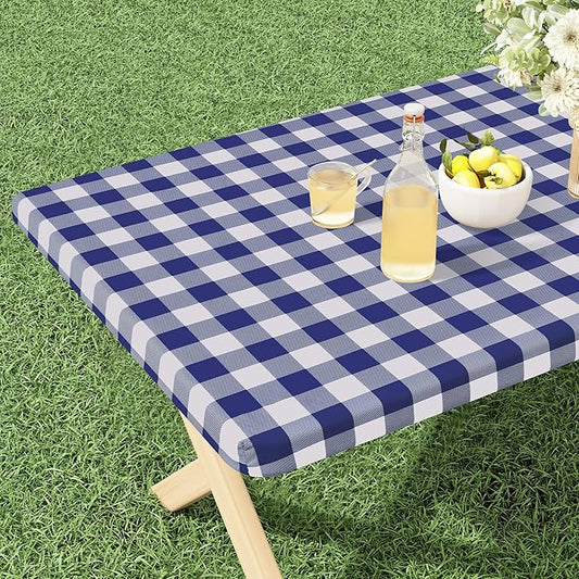misaya Buffalo Rectangle Picnic Tablecloth, 8 Foot Elastic Fitted Vinyl Table Cloth with Flannel Backing, Waterproof Plaid Table Covers for Dining, Camping, Outdoor (Navy and White, 30" x 96")