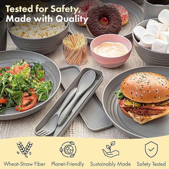 FOODLE Wheat Straw Dinnerware Set - BPA Free & Safety Tested - Microwave & Dishwasher Safe - Perfect for Picnic, Dorm, RV Dishes - Camping Plates Cups and Bowls Set - Great for Kids & Adults - For 4