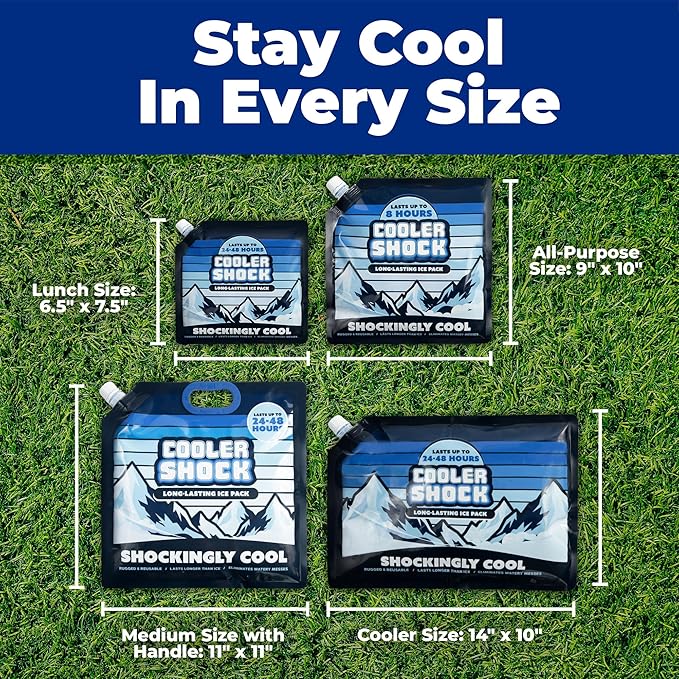 Cooler Shock Reusable Ice Packs for Cooler - Long Lasting Cold Freezer Packs for Coolers and Lunch Boxes - Cooler Ice Packs for Camping Gear, Fishing, Road Trips, Beach Must Haves