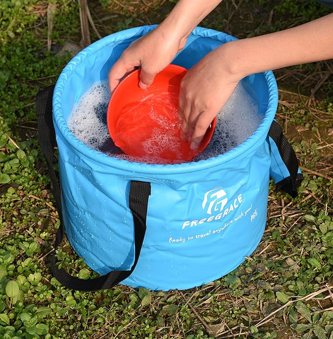 Premium Collapsible Bucket by Freegrace - Compact Portable Folding Water Container - Lightweight & Durable - Includes Handy Tool Mesh Pocket