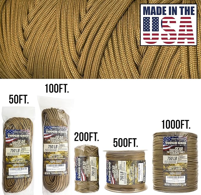 TOUGH-GRID Paracord Rope 750 lbs Nylon Parachute Cord, Made in USA Survival Kit, Outdoor Adventures, Camping, Tactical Gear & Emergency Supplies, Military Type IV Mil-Spec