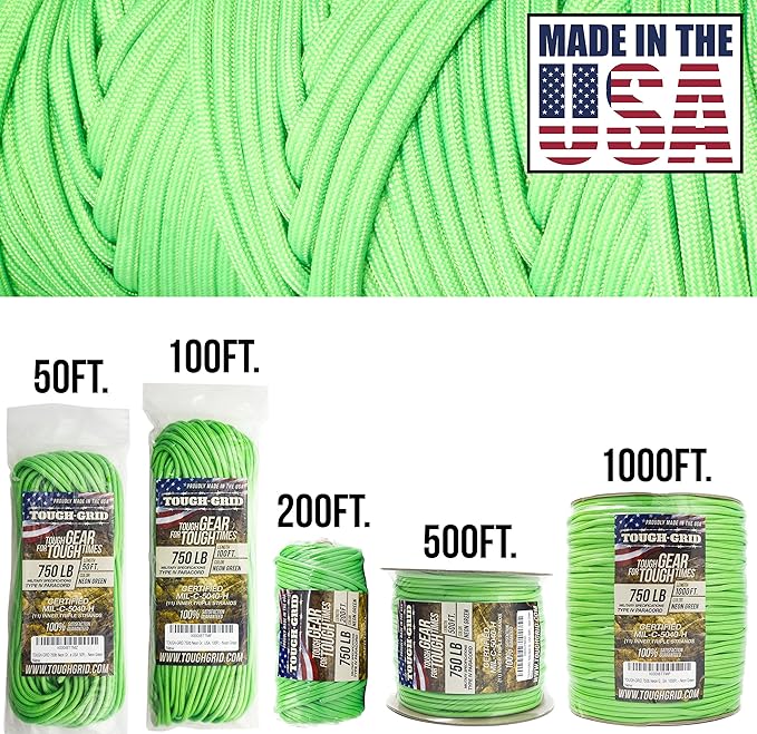 TOUGH-GRID Paracord Rope 750 lbs Nylon Parachute Cord, Made in USA Survival Kit, Outdoor Adventures, Camping, Tactical Gear & Emergency Supplies, Military Type IV Mil-Spec