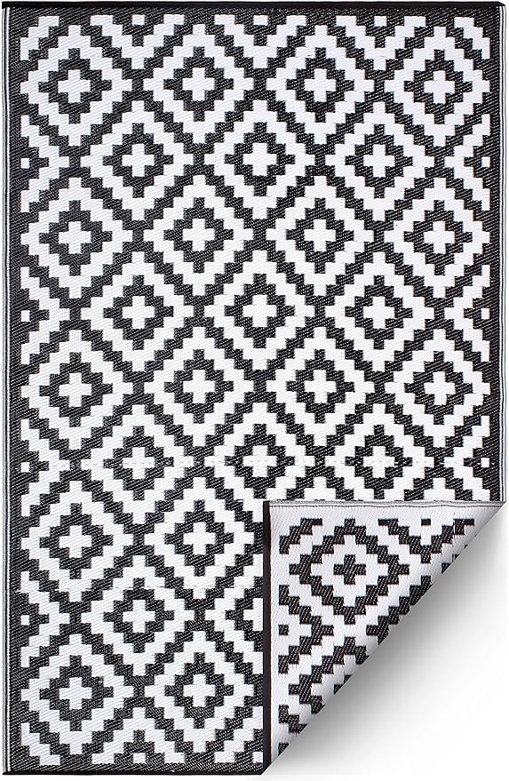 FH Home Outdoor Camping Rug - Waterproof, Fade Resistant, Reversible - Premium Recycled Plastic - Geometric - Large Patio, Deck, Sunroom, RV - Aztec - Black & White - 9 x 18 ft Foldable