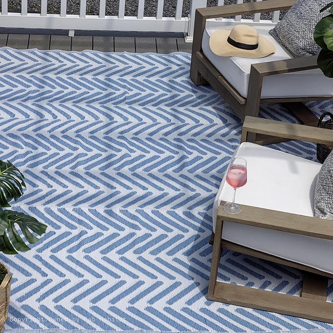 FH Home Outdoor Camping Rug - Waterproof, Fade Resistant, Reversible - Premium Recycled Plastic - Herringbone - Large Patio, Deck, Sunroom, RV - Fresno - Light Blue - 9 x 12 ft Foldable