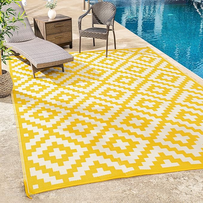 FH Home Outdoor Camping Rug - Waterproof, Fade Resistant, Reversible - Premium Recycled Plastic - Geometric - Large Patio, Deck, Sunroom, RV - Aztec - Yellow & White - 9 x 12 ft Foldable