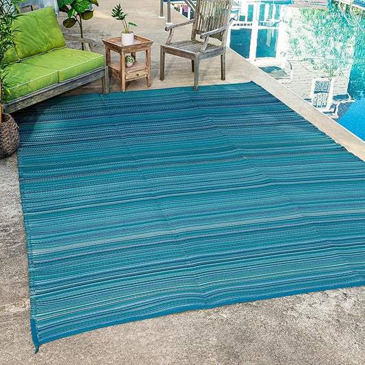 FH Home Outdoor Camping Rug - Waterproof, Fade Resistant, Reversible - Premium Recycled Plastic - Striped - Picnic, Patio, Deck, Sunroom, RV - Havana - Turquoise - 4 x 6 ft Foldable